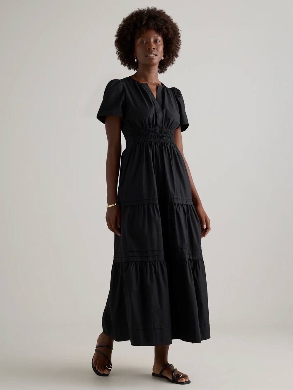 Quince 100% Organic Cotton Poplin Tiered Maxi Dress in Black Size L